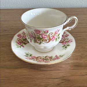 Queen Anne Tea Cup Saucer Floral Roses Scrolls England Fine Bone China Vintage